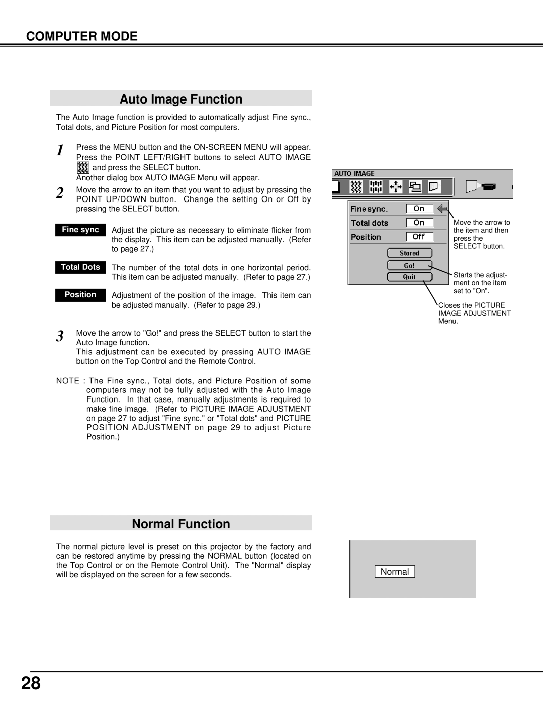 BOXLIGHT CP-14t manual Auto Image Function, Normal Function, Position 