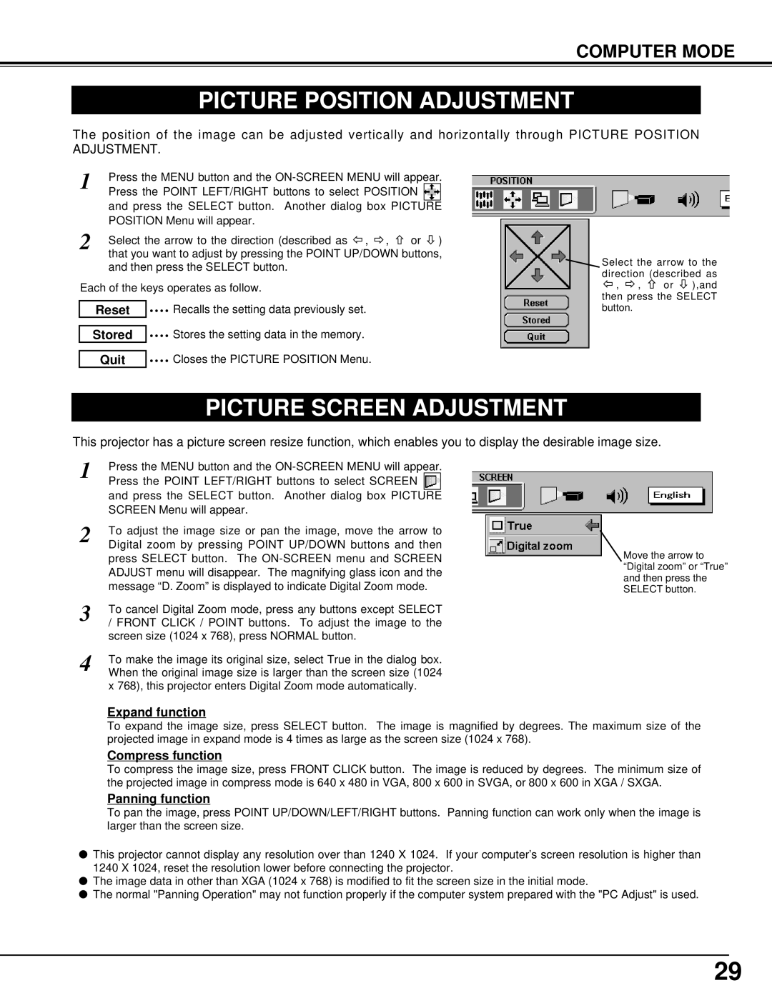 BOXLIGHT CP-14t manual Picture Position Adjustment, Picture Screen Adjustment 