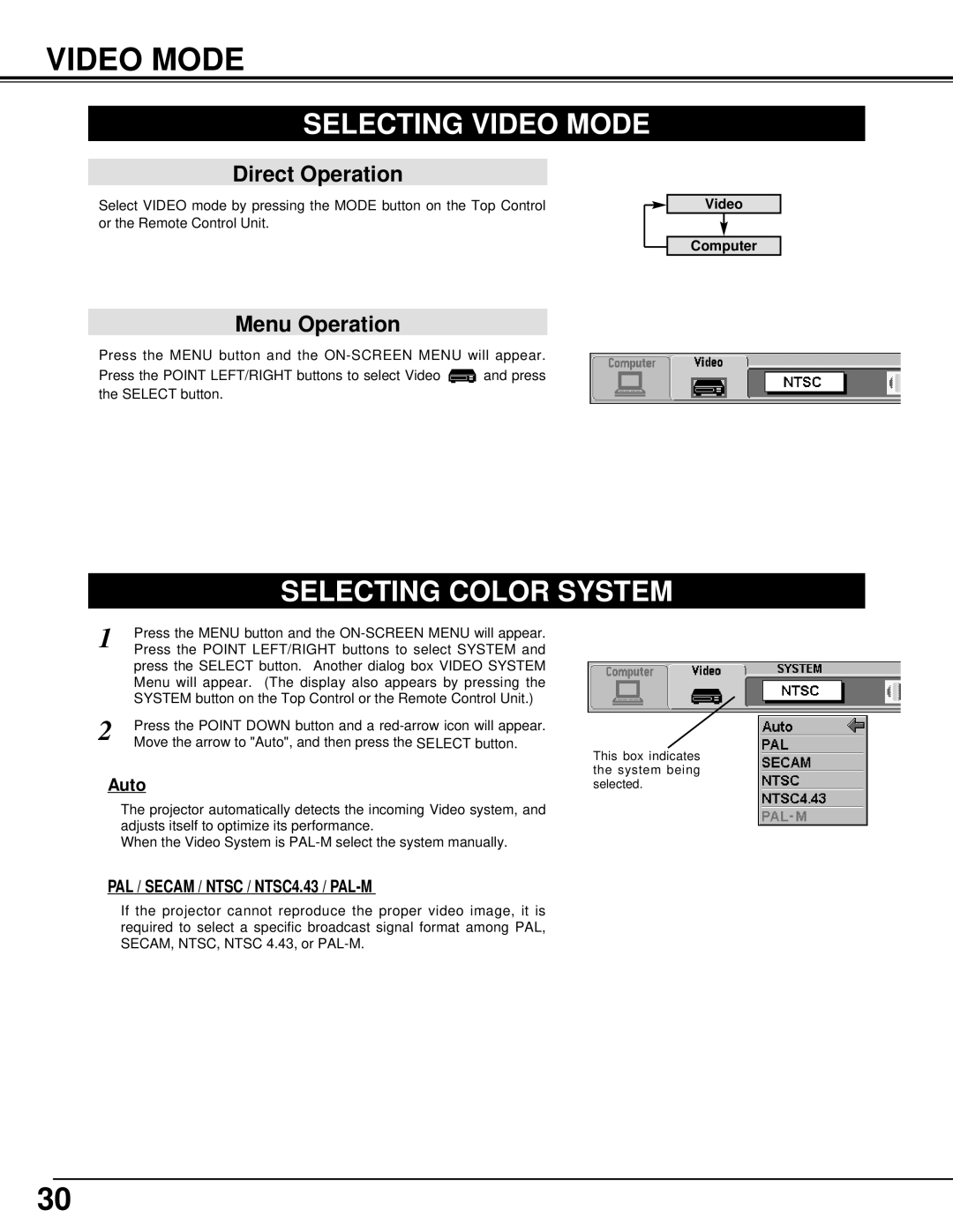 BOXLIGHT CP-14t manual Selecting Video Mode, Selecting Color System 