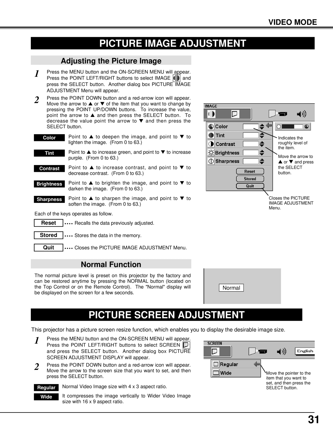 BOXLIGHT CP-14t manual Adjusting the Picture Image, Color Tint Contrast Brightness Sharpness, Regular, Wide 