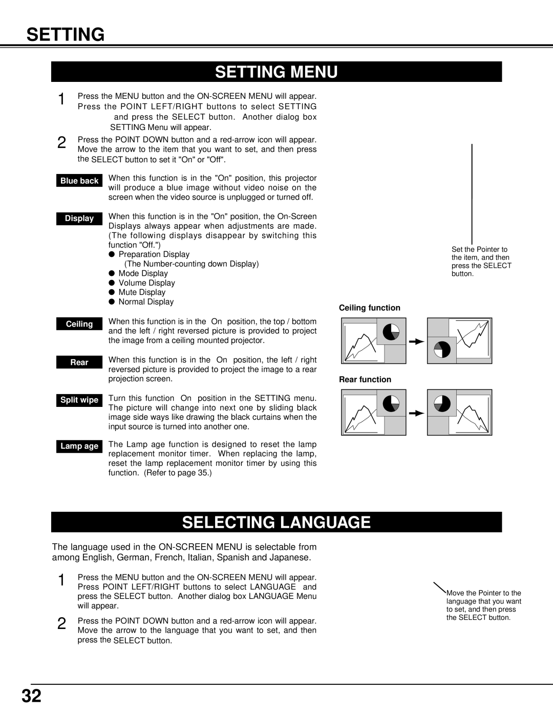 BOXLIGHT CP-14t manual Setting Menu, Selecting Language 