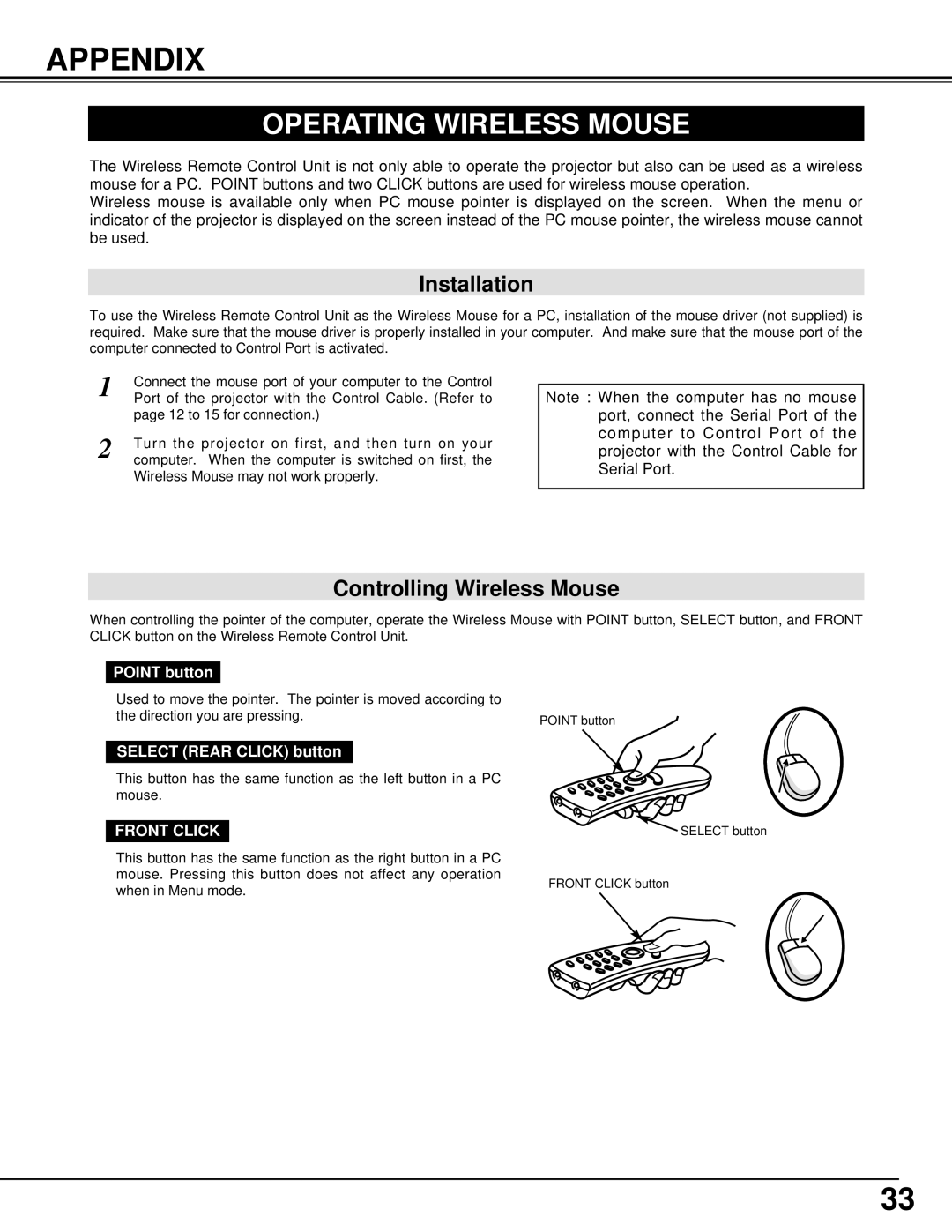 BOXLIGHT CP-14t manual Appendix, Operating Wireless Mouse, Installation, Controlling Wireless Mouse, Front Click 