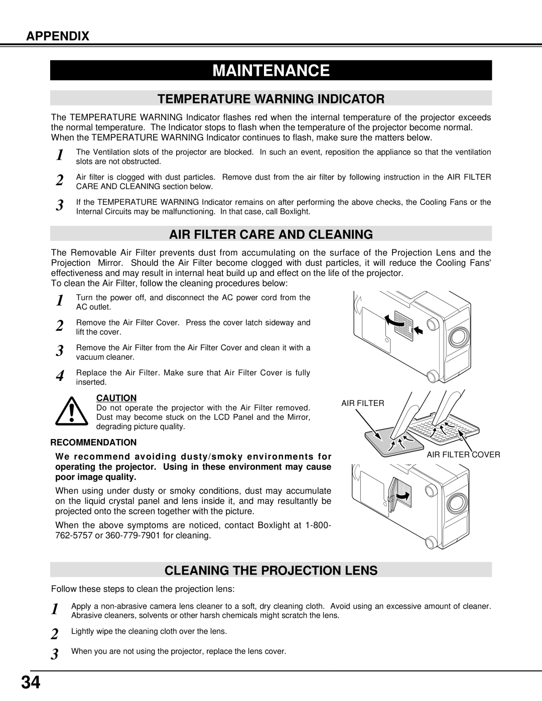 BOXLIGHT CP-14t manual Maintenance, Appendix, Temperature Warning Indicator, AIR Filter Care and Cleaning 