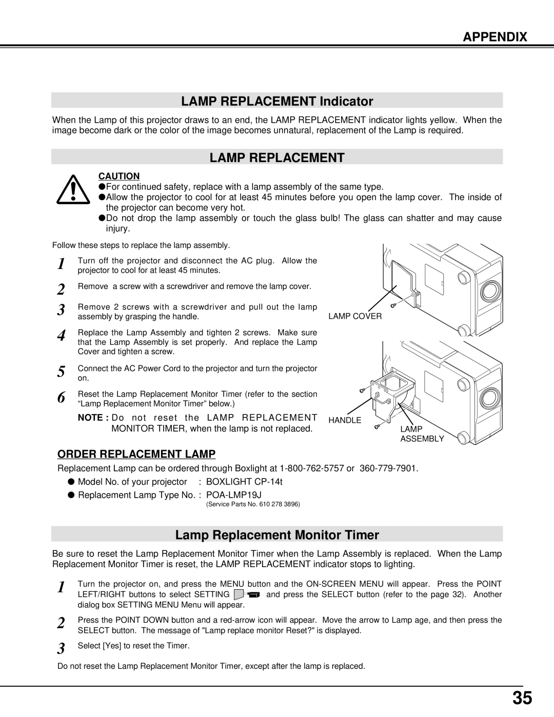 BOXLIGHT CP-14t manual Lamp Replacement Indicator, Lamp Replacement Monitor Timer below, Lamp Cover Handle Assembly 