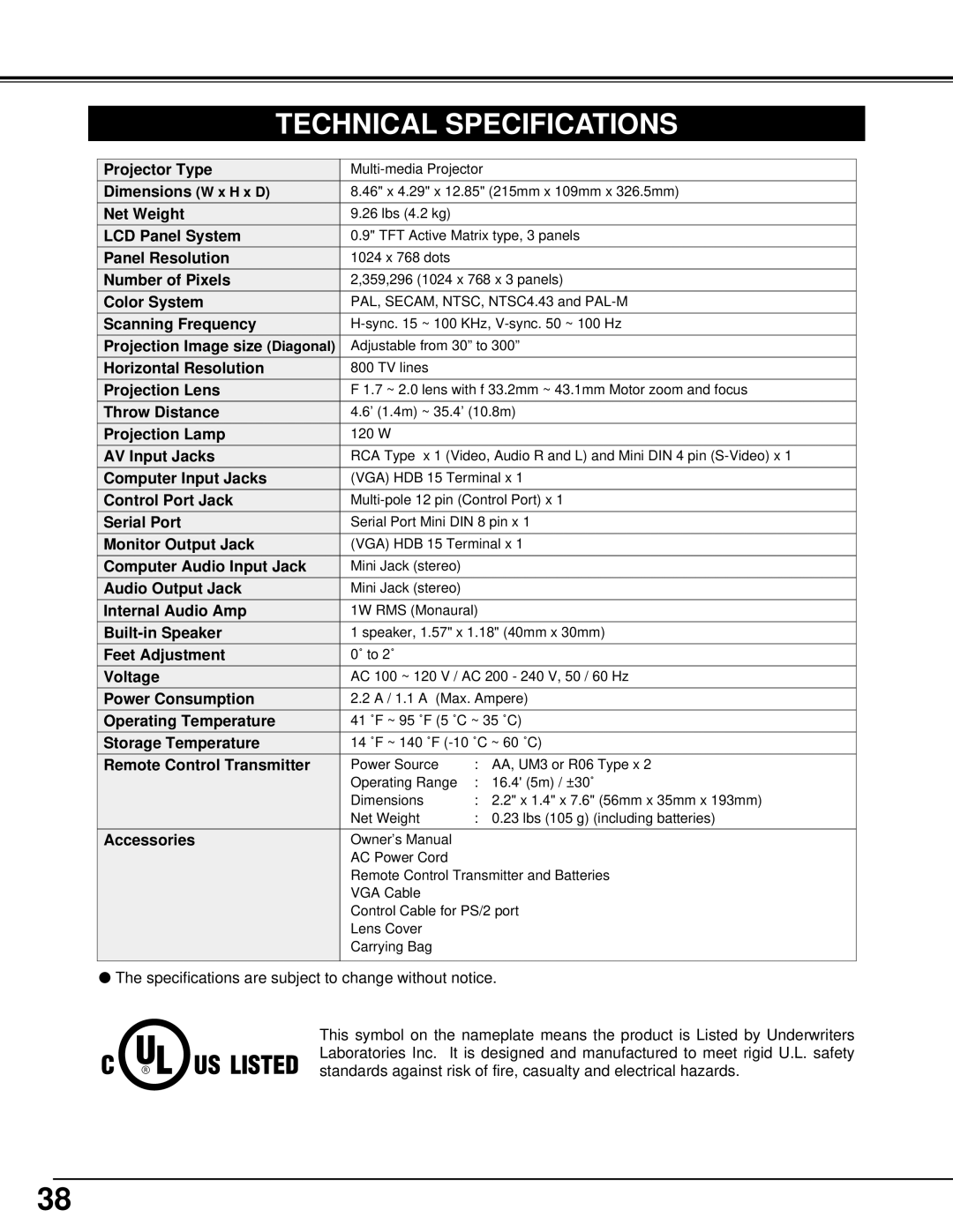 BOXLIGHT CP-14t manual Technical Specifications 