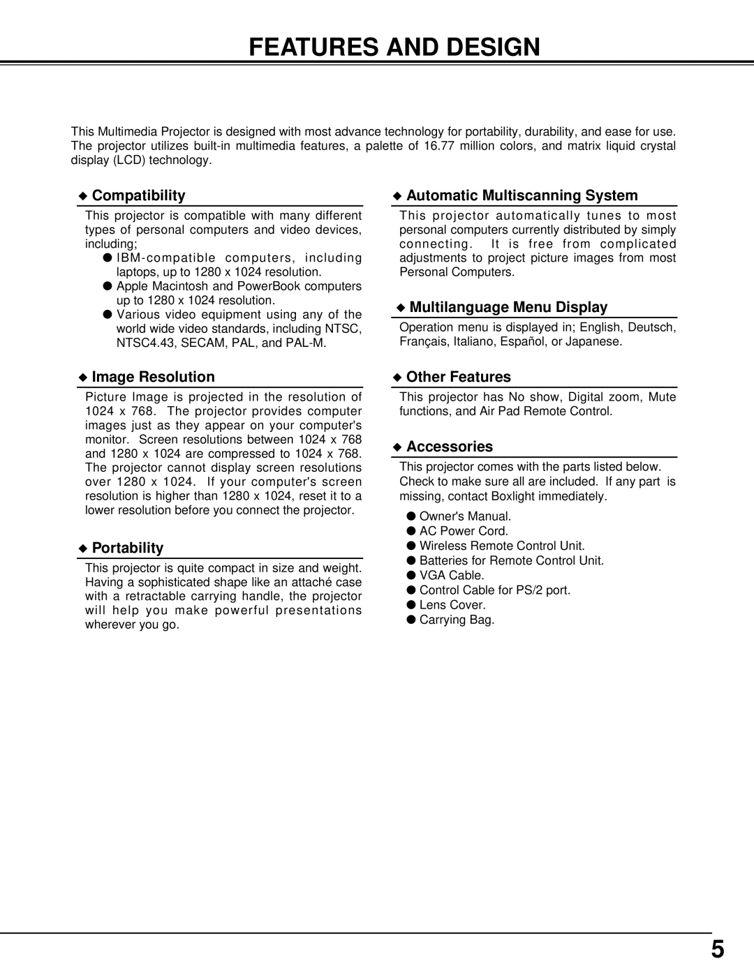 BOXLIGHT CP-14t manual Features and Design, Compatibility 