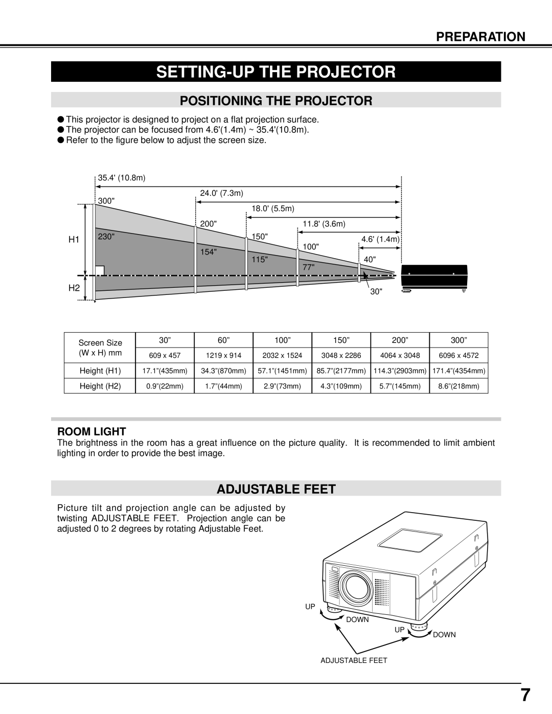 BOXLIGHT CP-14t manual SETTING-UP the Projector, Positioning the Projector, Adjustable Feet, Height H2 