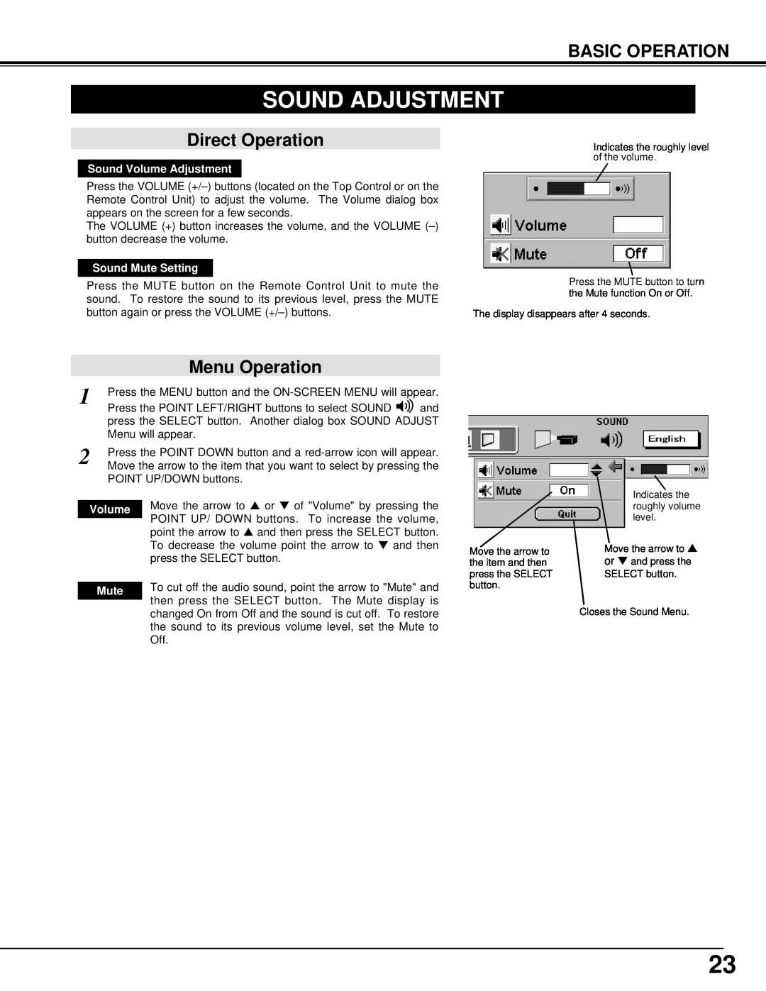 BOXLIGHT CP-14t manual Sound Adjustment, Direct Operation, Menu Operation, Basic Operation, Sound Volume Adjustment, Mute 