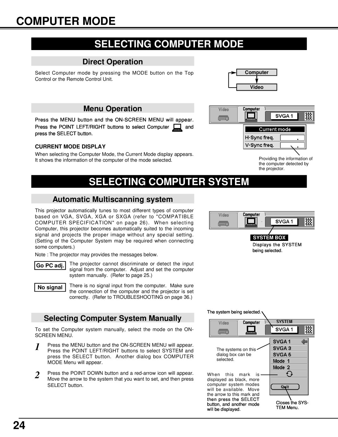 BOXLIGHT CP-14t Selecting Computer Mode, Selecting Computer System, Automatic Multiscanning system, Direct Operation 