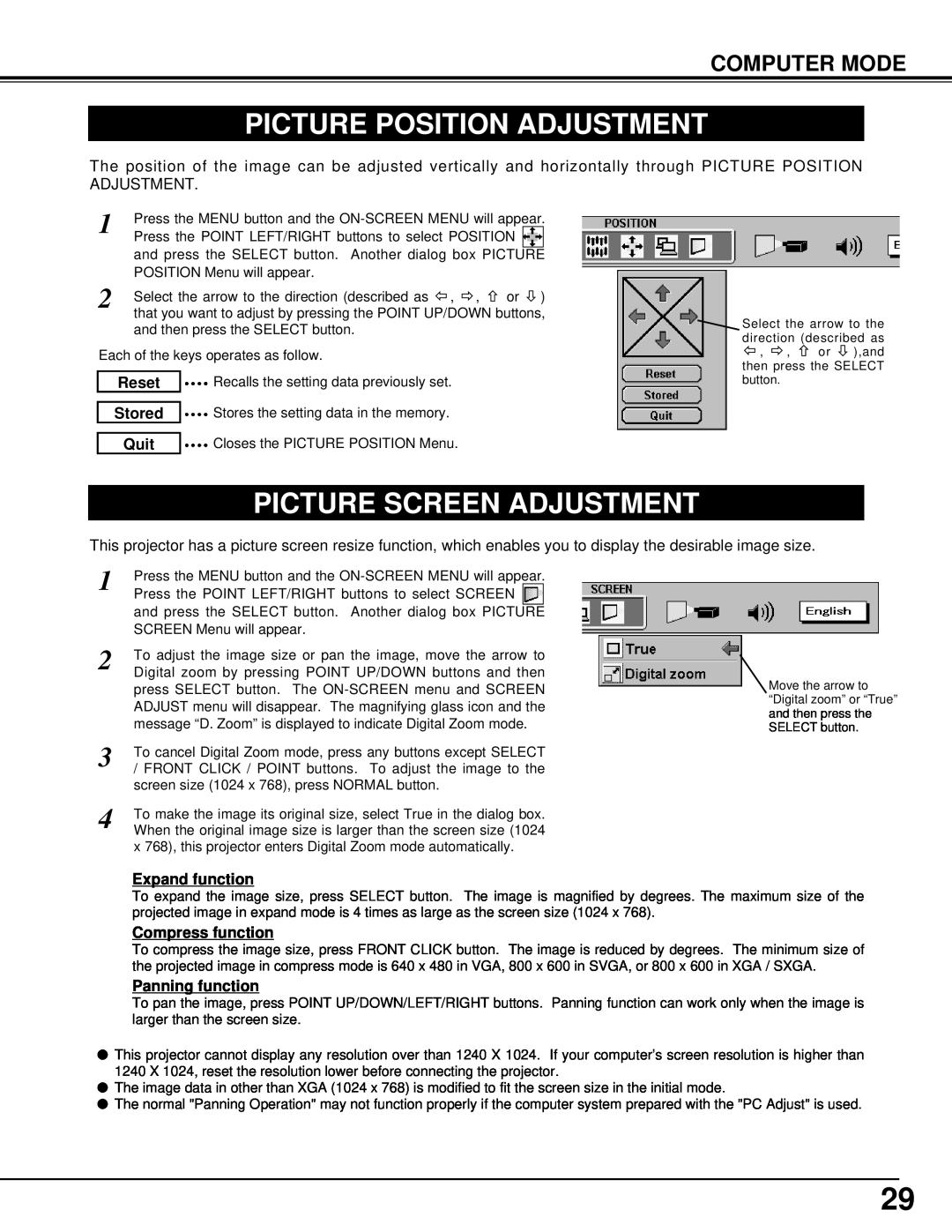BOXLIGHT CP-14t manual Picture Position Adjustment, Picture Screen Adjustment, Computer Mode 