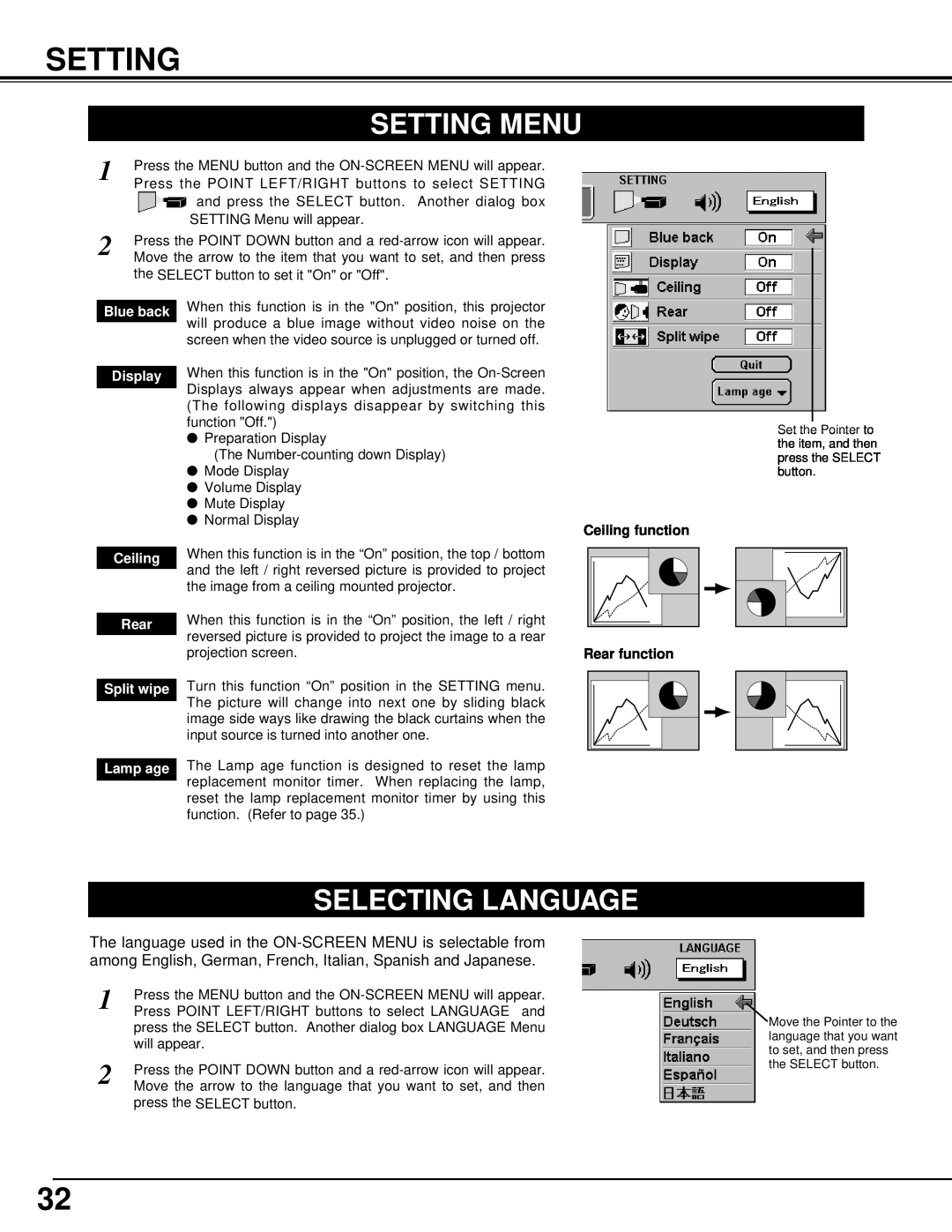 BOXLIGHT CP-14t manual Setting Menu, Selecting Language, Ceiling function Rear function 