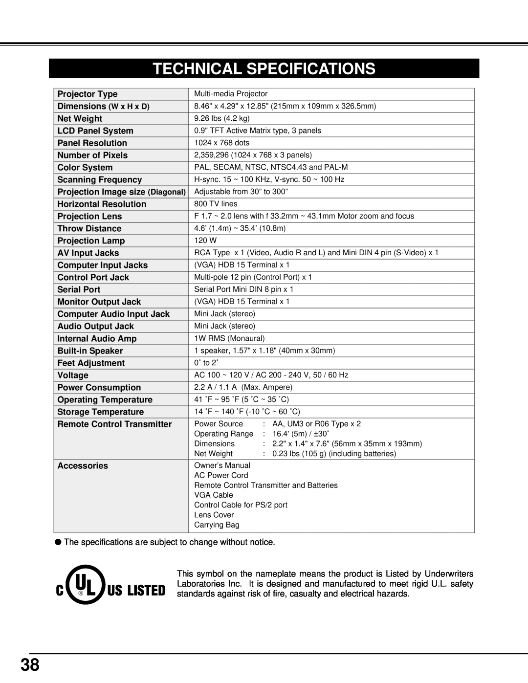 BOXLIGHT CP-14t manual Technical Specifications 