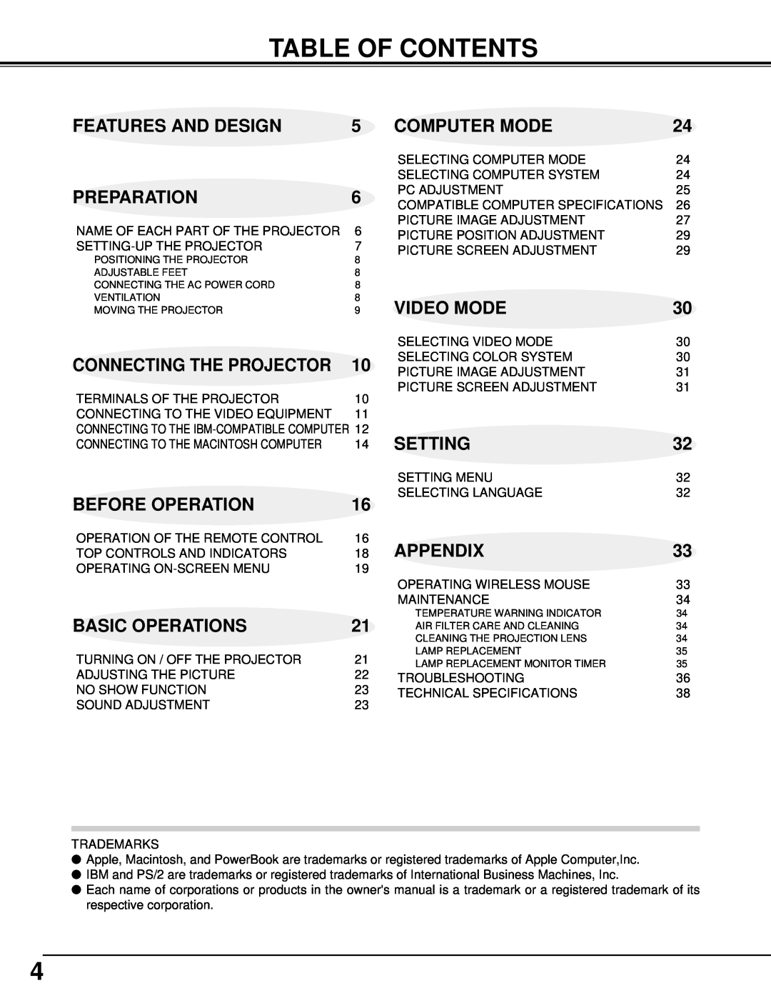 BOXLIGHT CP-14t Table Of Contents, Features And Design, Computer Mode, Preparation, Before Operation, Video Mode, Setting 