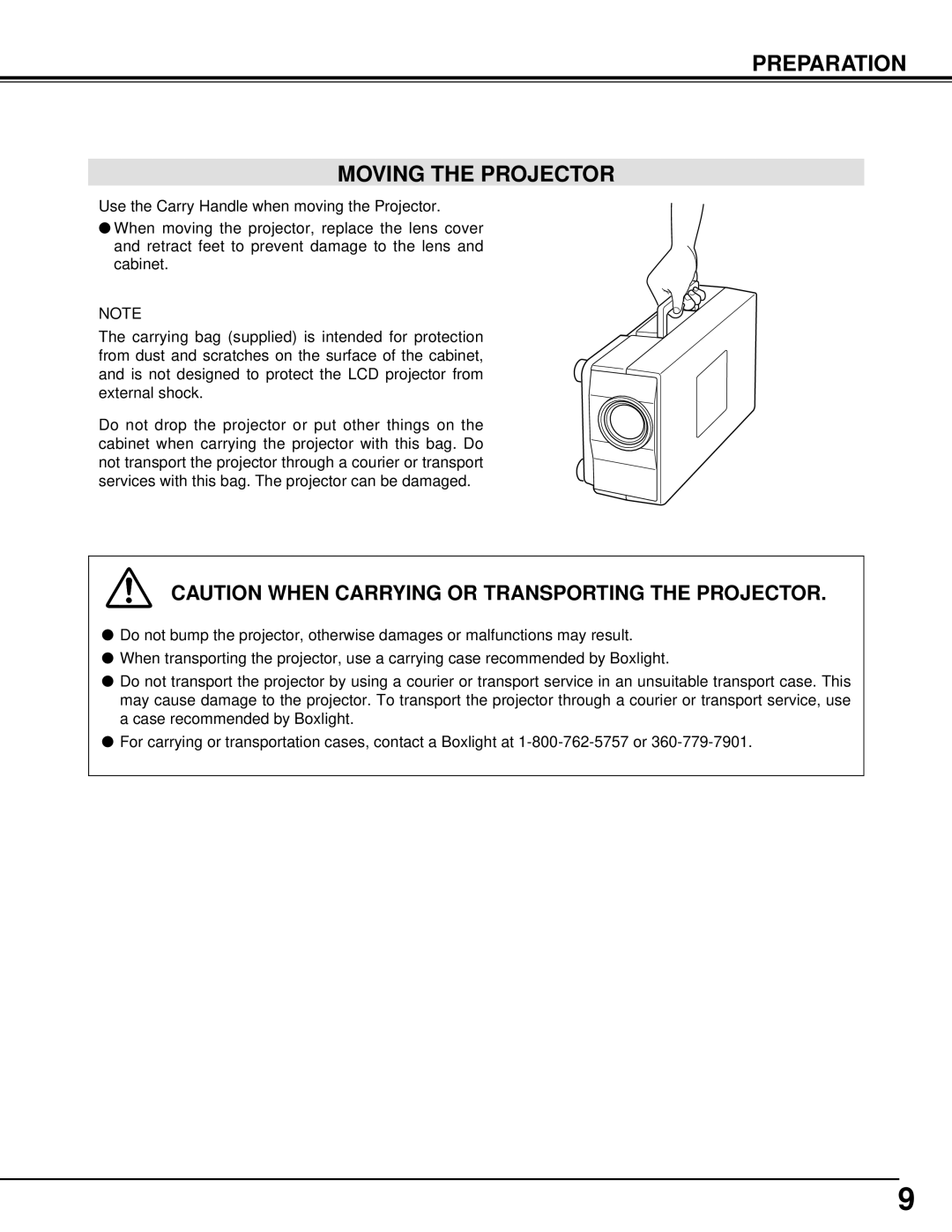BOXLIGHT CP-14t manual Preparation Moving The Projector, Caution When Carrying Or Transporting The Projector 