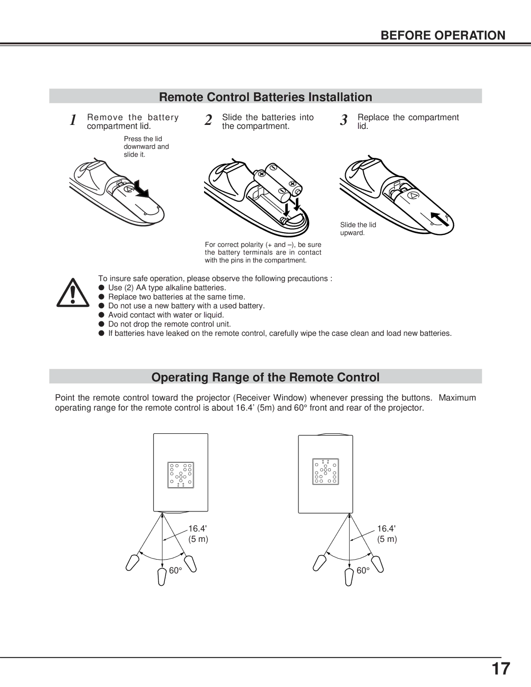 BOXLIGHT CP-15t manual Remote Control Batteries Installation, Operating Range of the Remote Control 