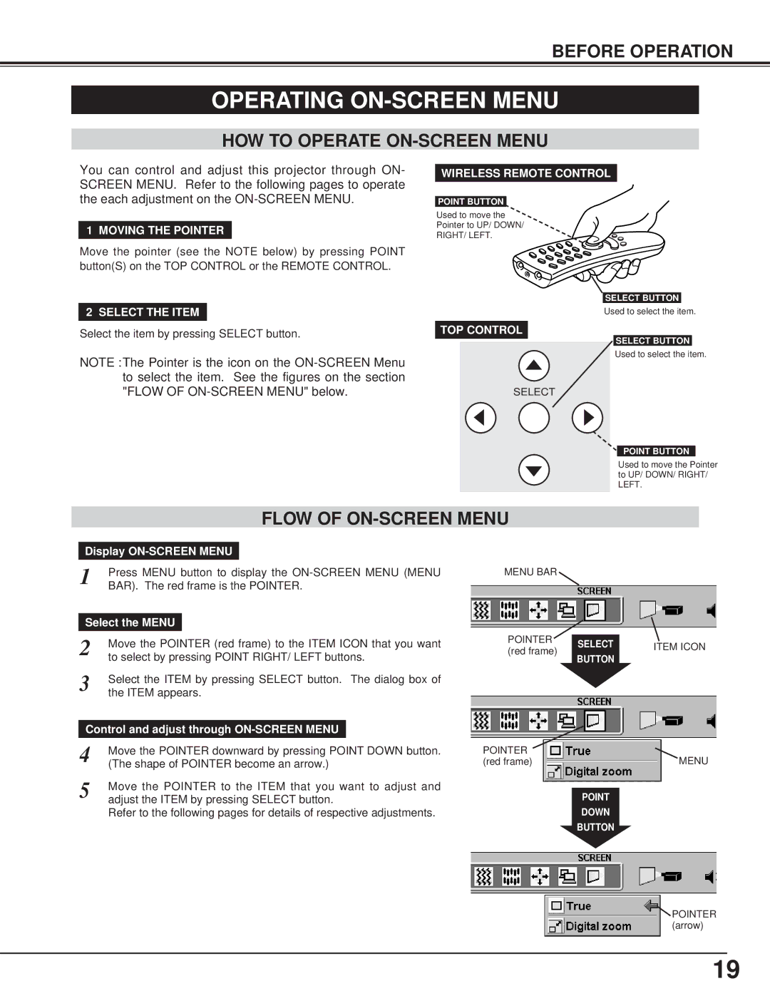 BOXLIGHT CP-15t manual Operating ON-SCREEN Menu, HOW to Operate ON-SCREEN Menu, Flow of ON-SCREEN Menu 