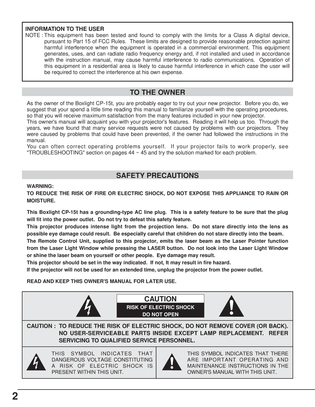 BOXLIGHT CP-15t manual To the Owner, Safety Precautions, Risk of Electric Shock Do not Open 