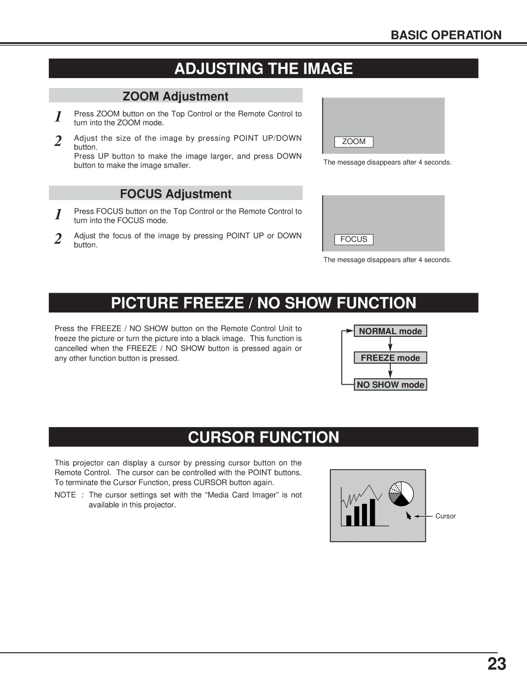 BOXLIGHT CP-15t Adjusting the Image, Picture Freeze / no Show Function, Cursor Function, Zoom Adjustment, Focus Adjustment 