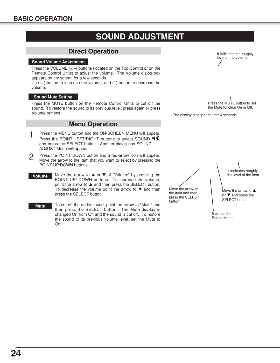 BOXLIGHT CP-15t manual Sound Adjustment, Direct Operation, Menu Operation 