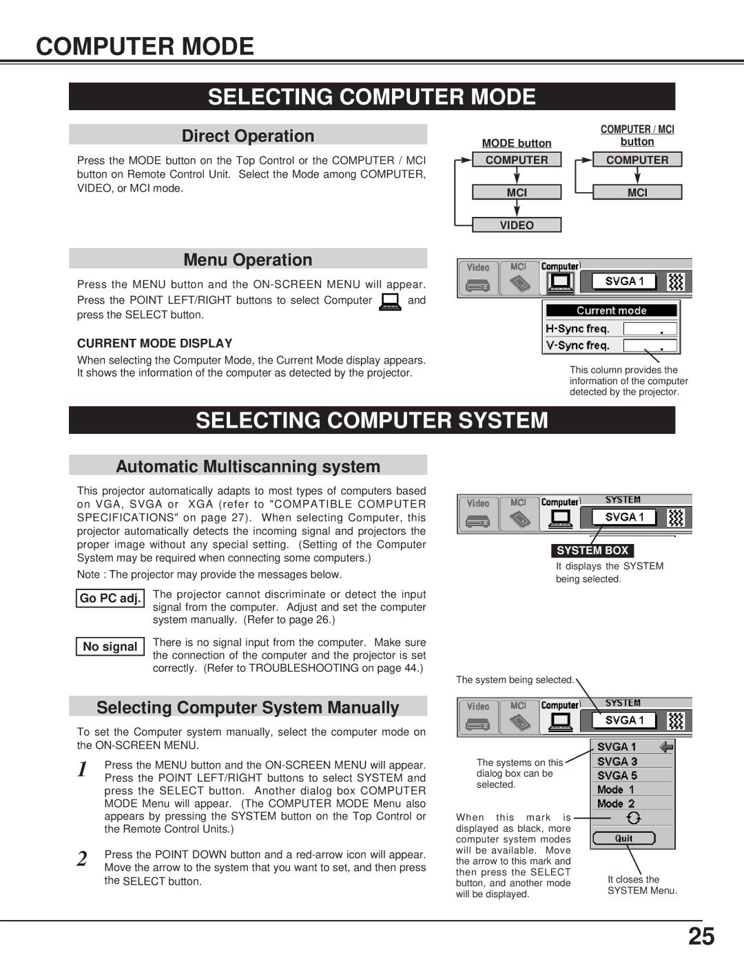 BOXLIGHT CP-15t manual Selecting Computer Mode, Selecting Computer System, Automatic Multiscanning system 