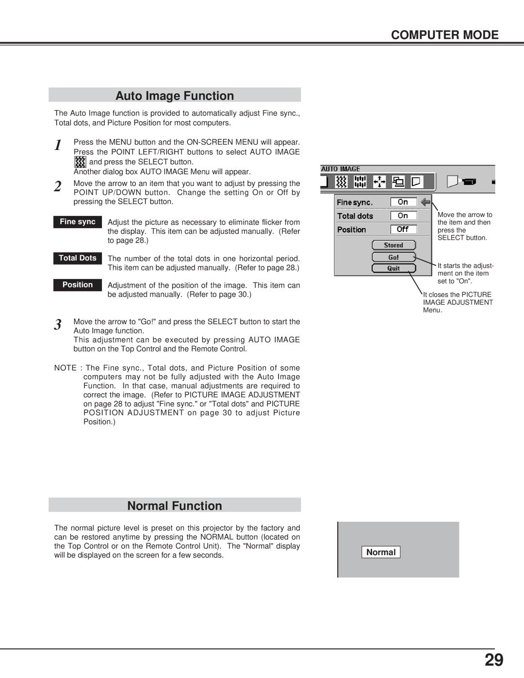 BOXLIGHT CP-15t manual Auto Image Function, Normal Function, Position 