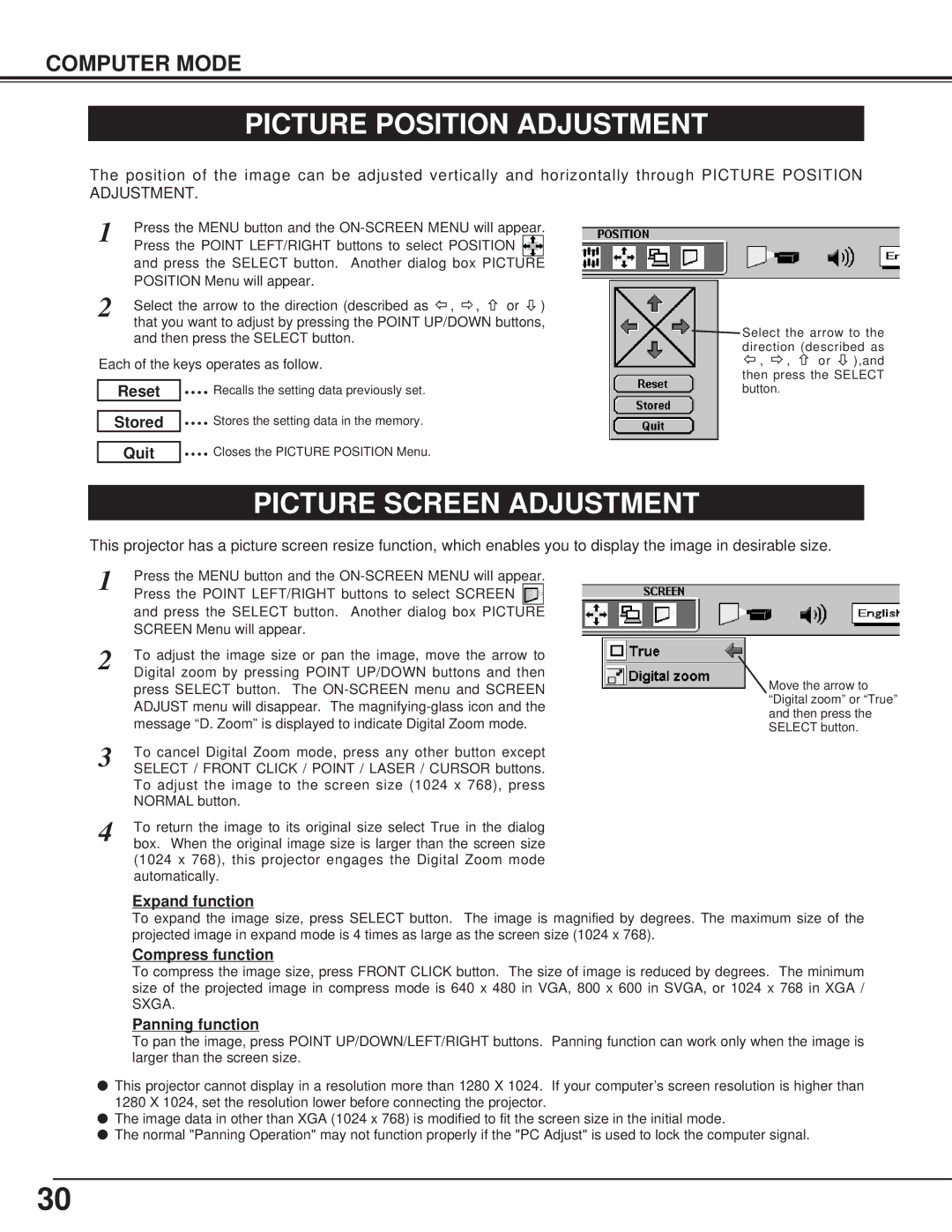 BOXLIGHT CP-15t manual Picture Position Adjustment, Picture Screen Adjustment, Expand function, Compress function 