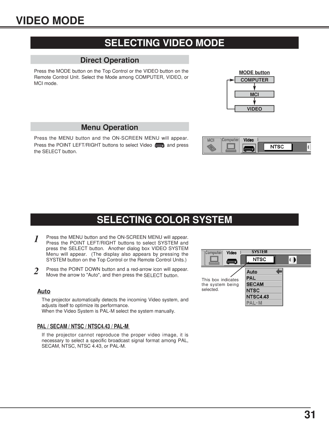 BOXLIGHT CP-15t manual Selecting Video Mode, Selecting Color System 