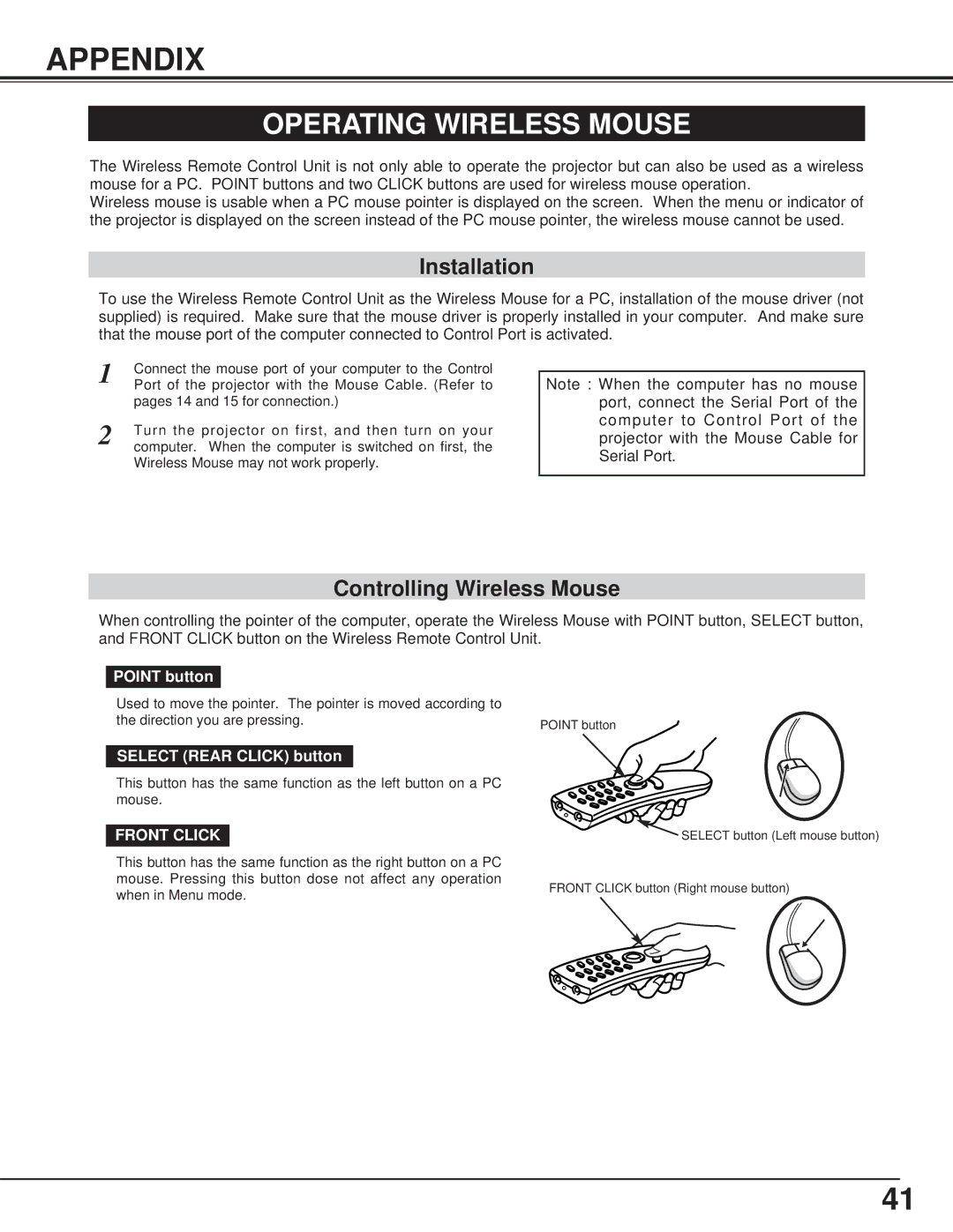 BOXLIGHT CP-15t manual Appendix, Operating Wireless Mouse, Installation, Controlling Wireless Mouse, Front Click 