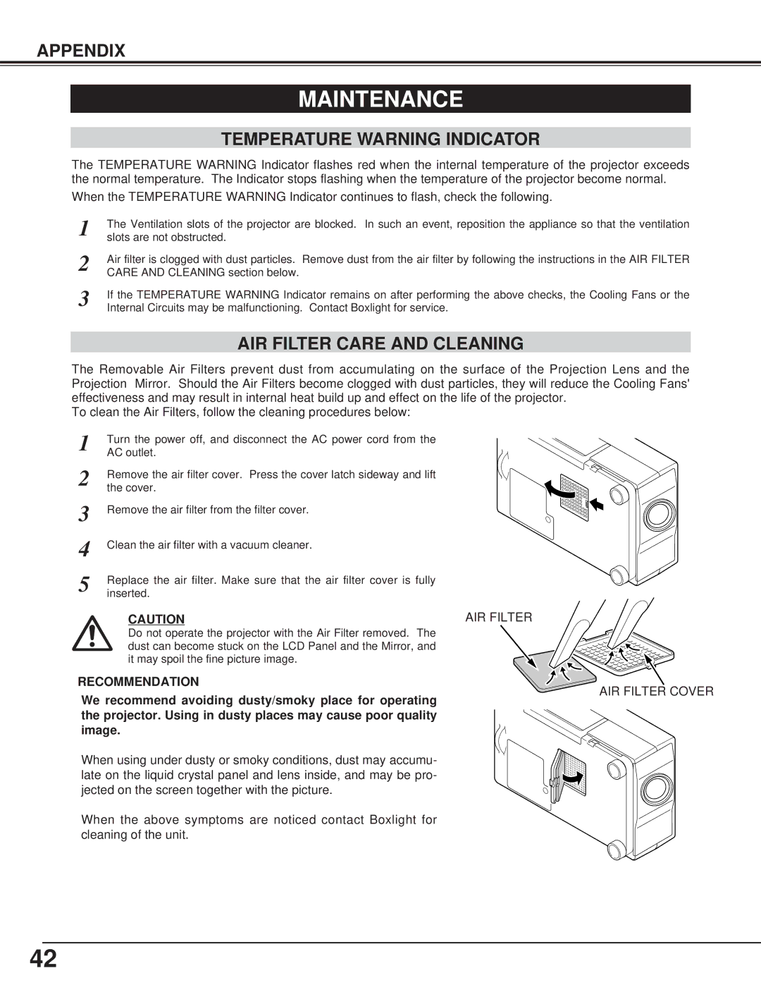 BOXLIGHT CP-15t manual Maintenance, Temperature Warning Indicator, AIR Filter Care and Cleaning 