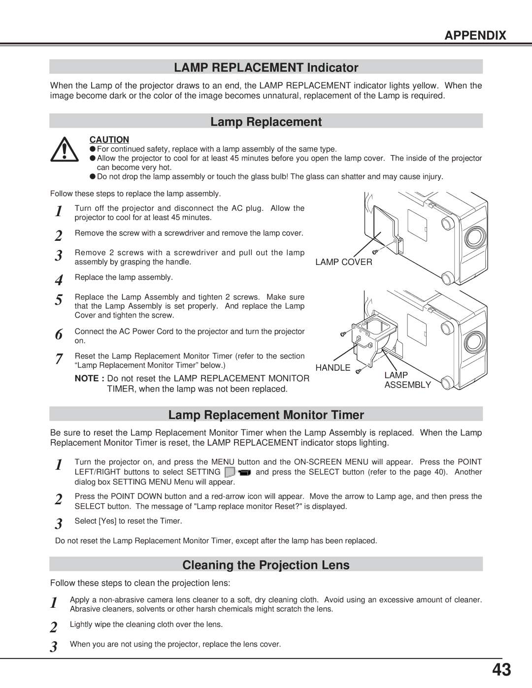 BOXLIGHT CP-15t manual Lamp Replacement Indicator, Lamp Replacement Monitor Timer, Cleaning the Projection Lens 