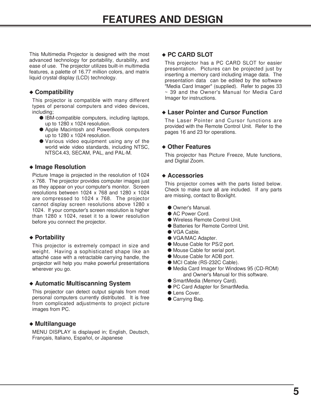 BOXLIGHT CP-15t manual Features and Design, Compatibility 