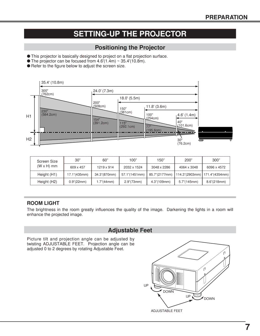 BOXLIGHT CP-15t manual SETTING-UP the Projector, Positioning the Projector, Adjustable Feet 