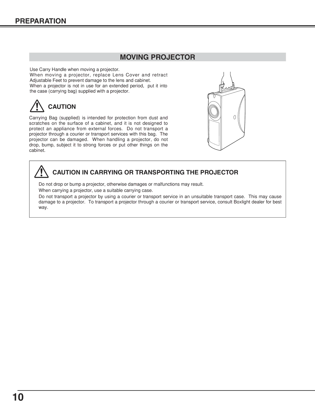 BOXLIGHT cp-16t manual Preparation Moving Projector 