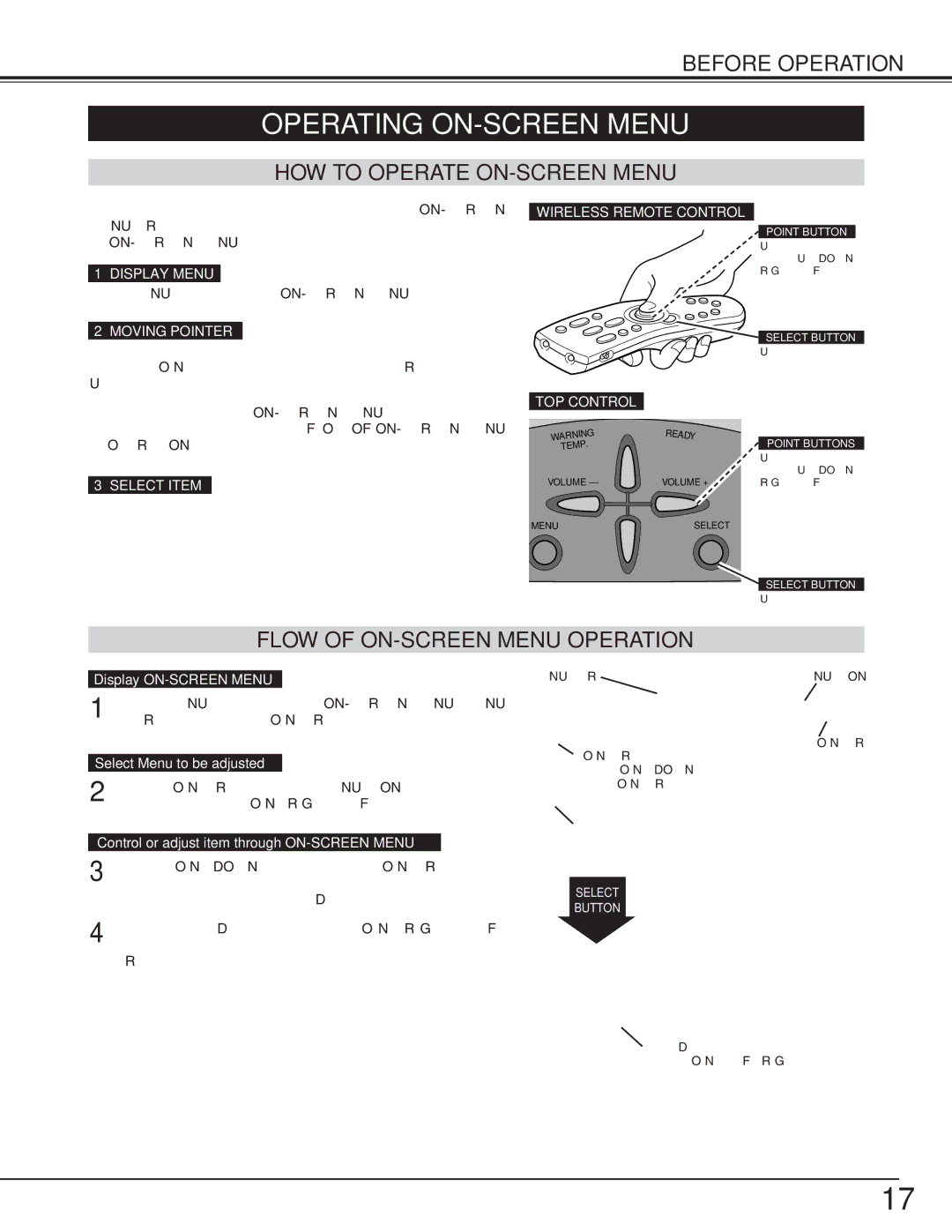 BOXLIGHT cp-16t manual Operating ON-SCREEN Menu, HOW to Operate ON-SCREEN Menu, Flow of ON-SCREEN Menu Operation 