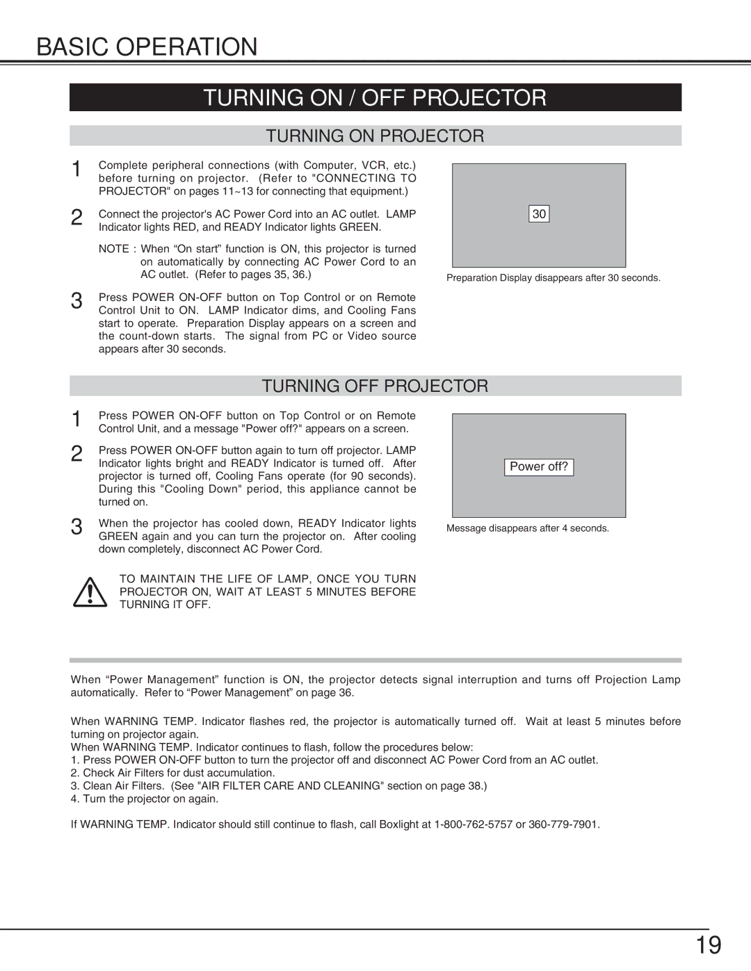 BOXLIGHT cp-16t manual Basic Operation, Turning on / OFF Projector, Turning on Projector, Turning OFF Projector 