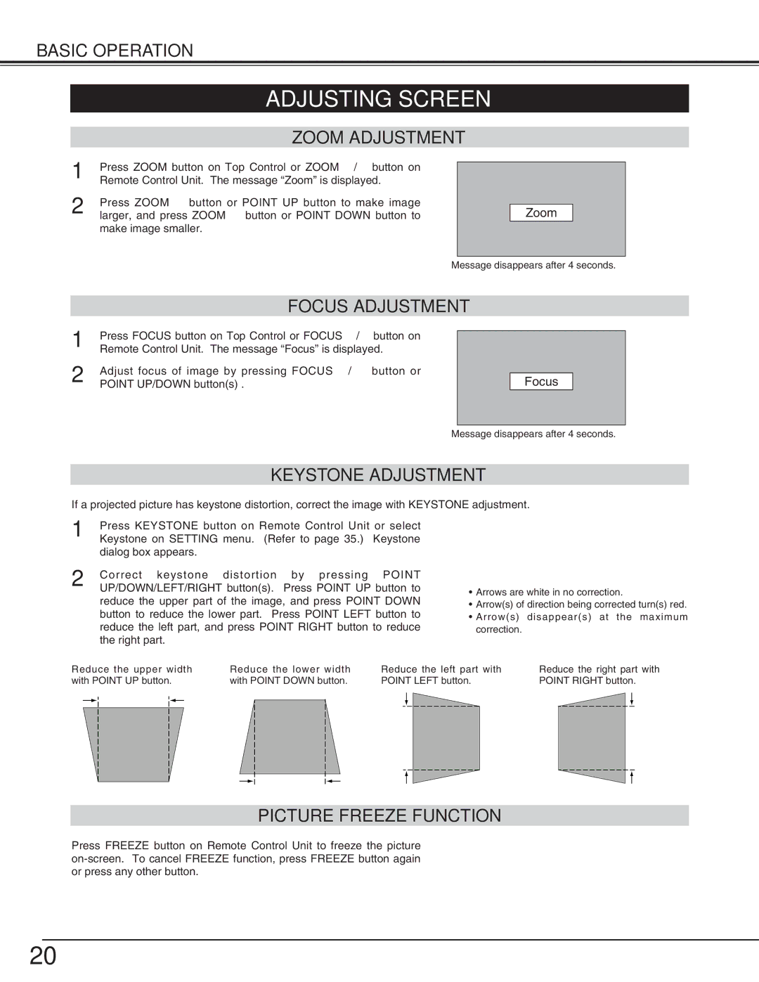 BOXLIGHT cp-16t manual Adjusting Screen, Zoom Adjustment, Keystone Adjustment, Picture Freeze Function 