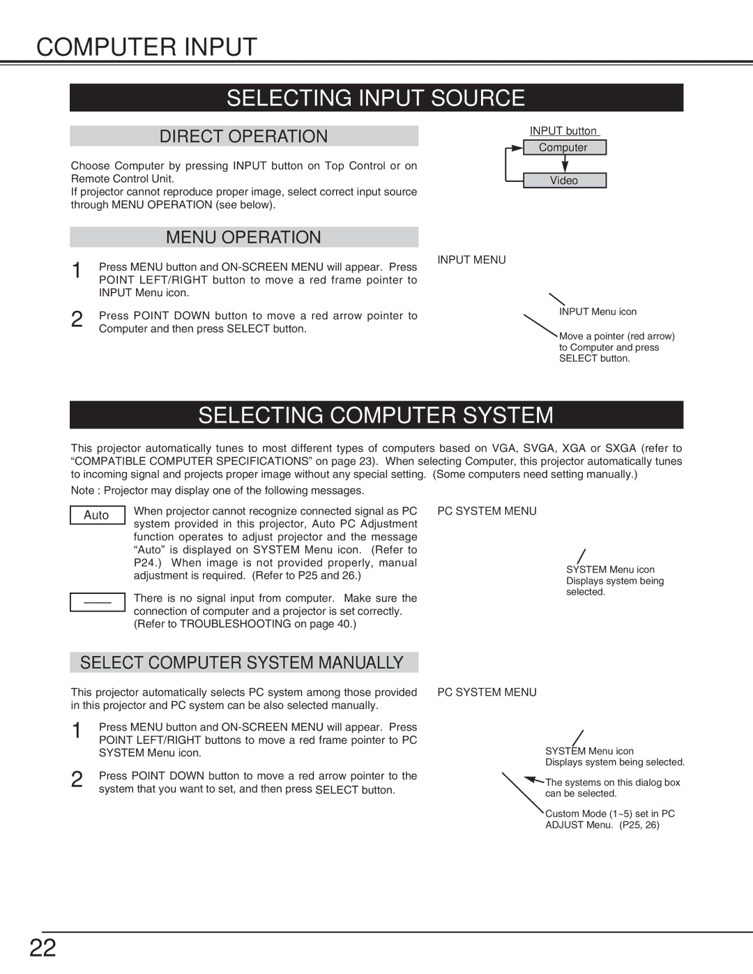 BOXLIGHT cp-16t manual Computer Input, Selecting Input Source, Selecting Computer System, Auto 