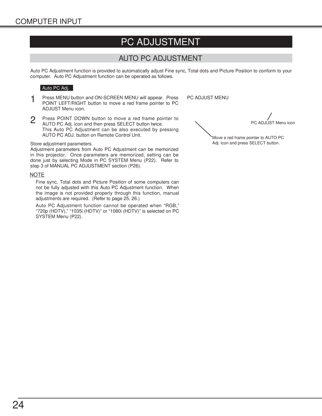 BOXLIGHT cp-16t manual Auto PC Adjustment, PC Adjust Menu 