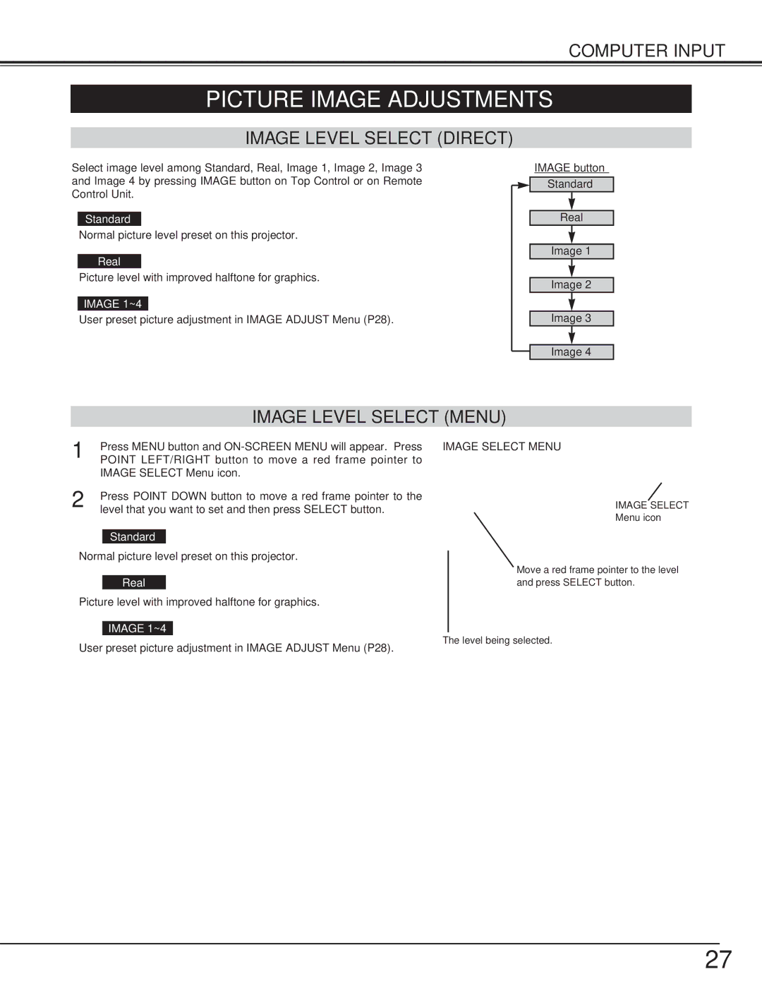 BOXLIGHT cp-16t manual Picture Image Adjustments, Image Level Select Direct, Image Level Select Menu, Image Select Menu 