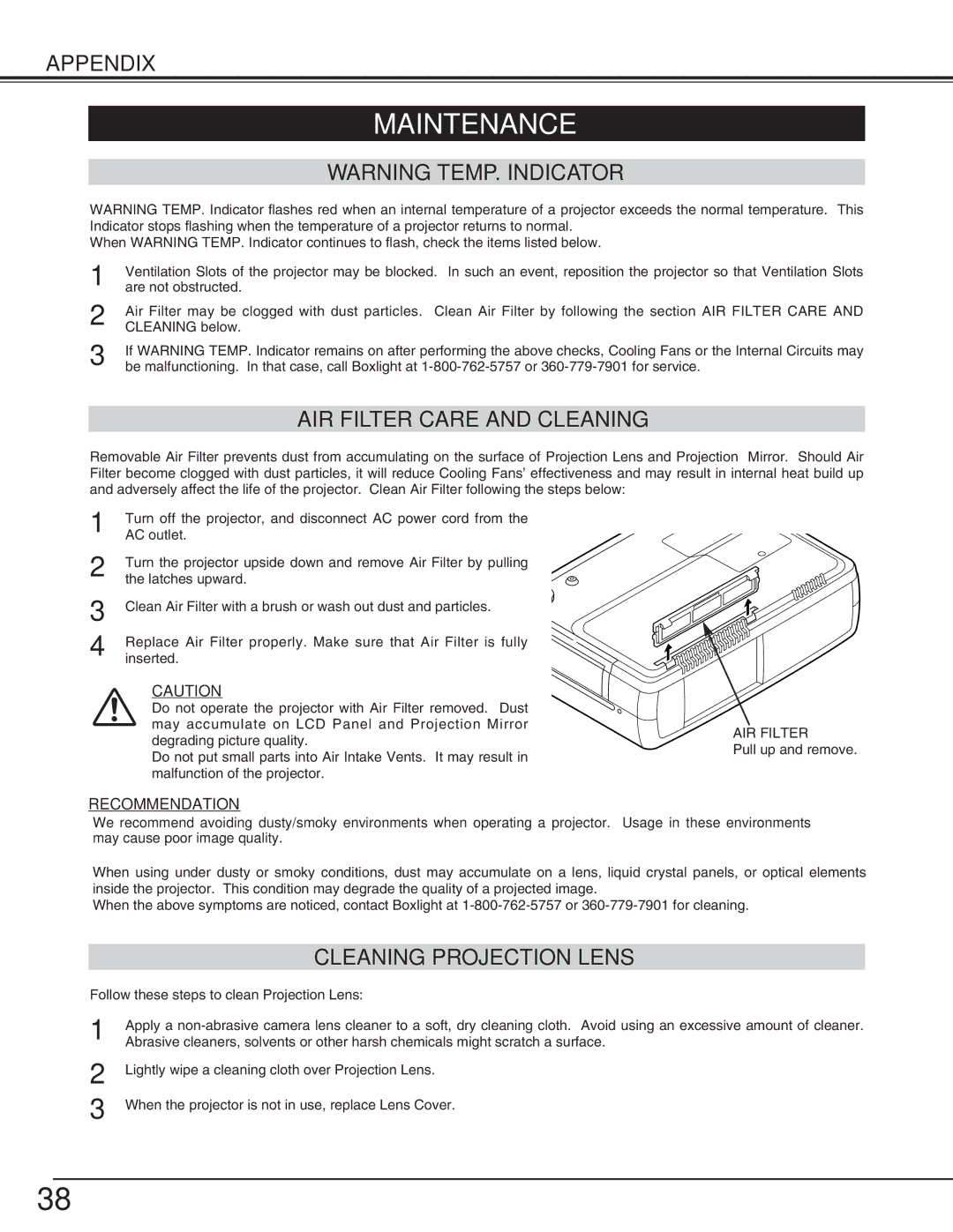 BOXLIGHT cp-16t manual Maintenance, AIR Filter Care and Cleaning, Cleaning Projection Lens 