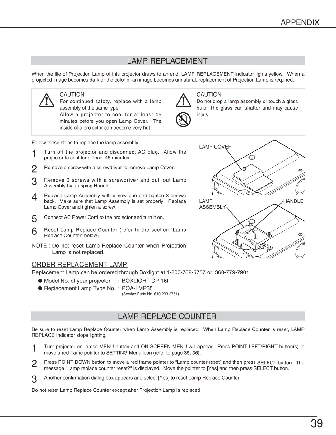 BOXLIGHT cp-16t manual Appendix Lamp Replacement, Lamp Replace Counter 