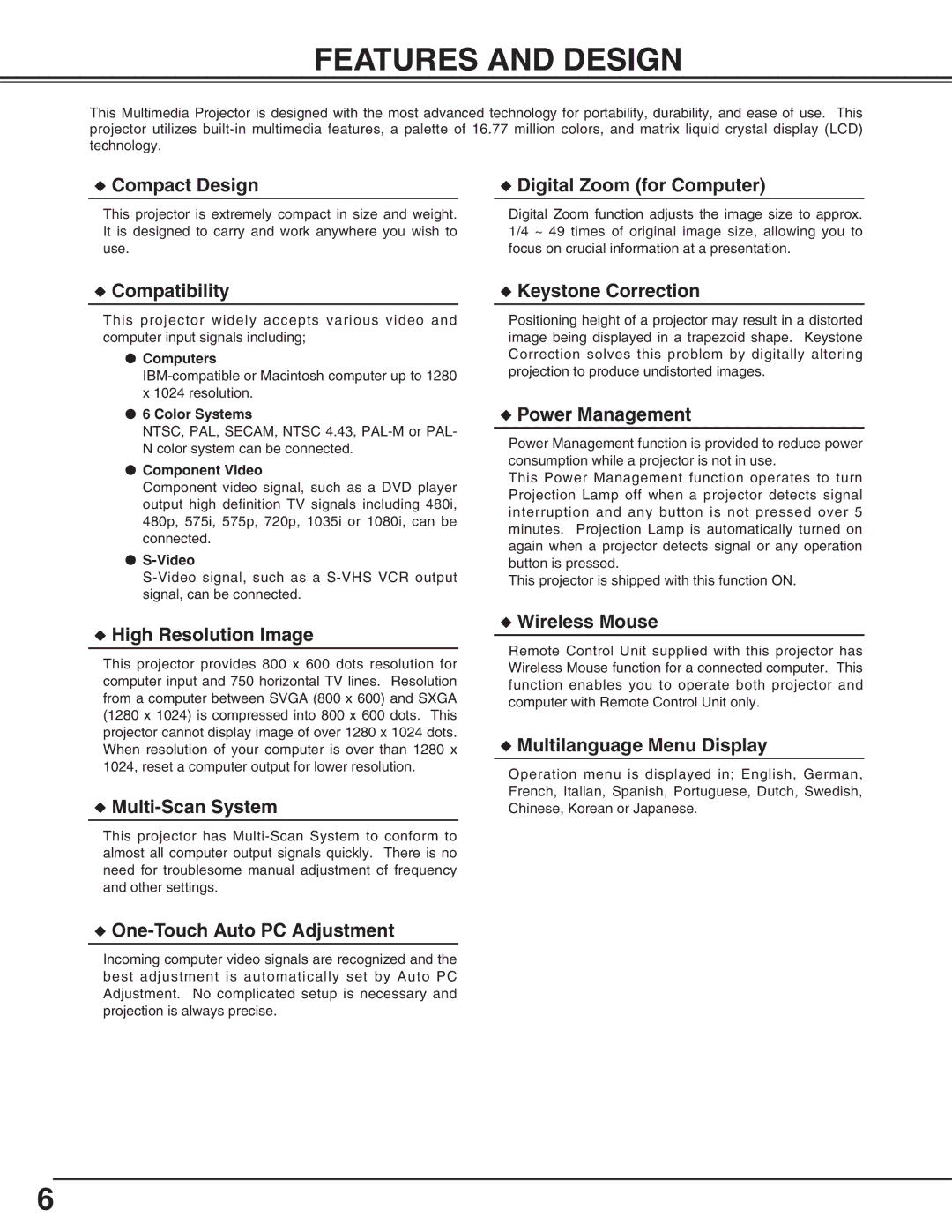 BOXLIGHT cp-16t manual Features and Design, Compact Design Digital Zoom for Computer 