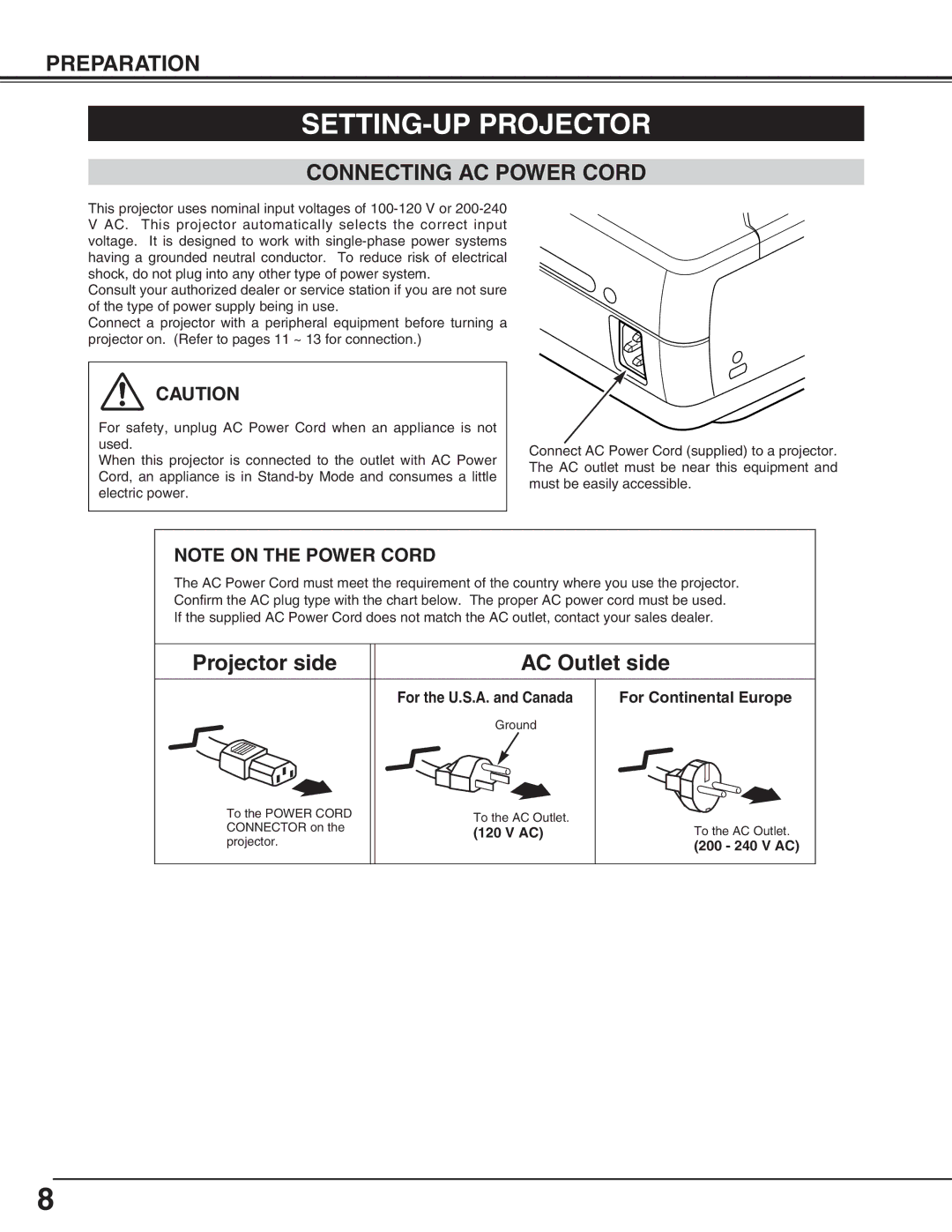 BOXLIGHT cp-16t manual SETTING-UP Projector, Connecting AC Power Cord, For Continental Europe 