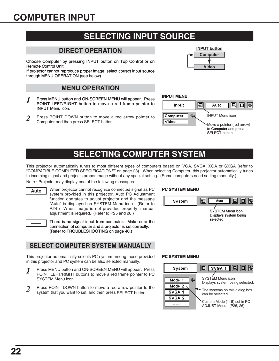 BOXLIGHT cp-16t manual Computer Input, Selecting Input Source, Selecting Computer System, Select Computer System Manually 