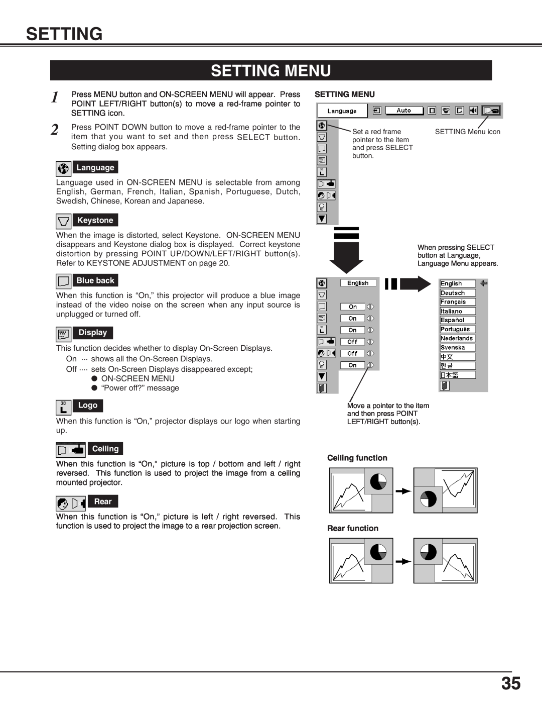 BOXLIGHT cp-16t manual Setting Menu, Language, Keystone, Blue back, Display, Logo, Ceiling, Rear 
