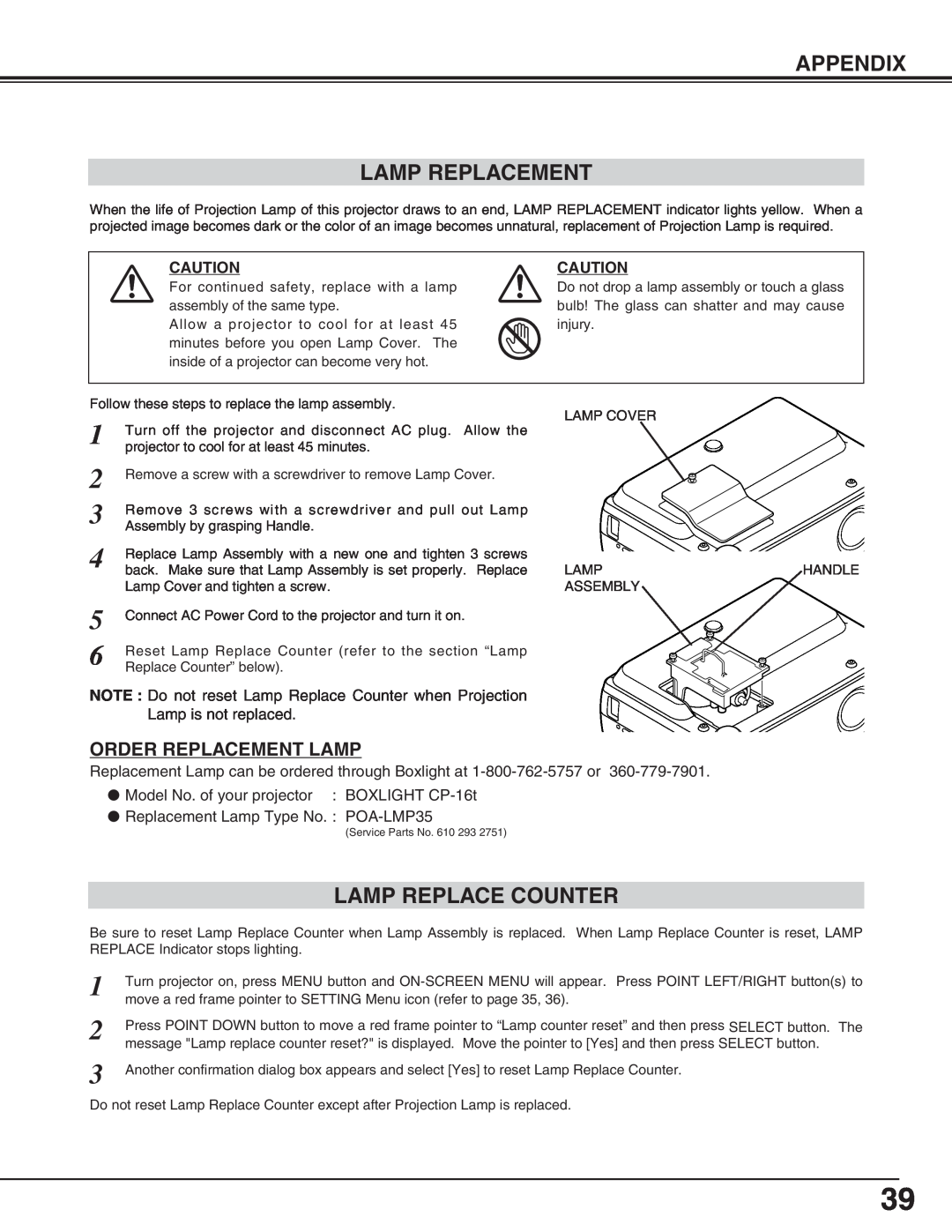 BOXLIGHT cp-16t manual Appendix Lamp Replacement, Lamp Replace Counter, Order Replacement Lamp 
