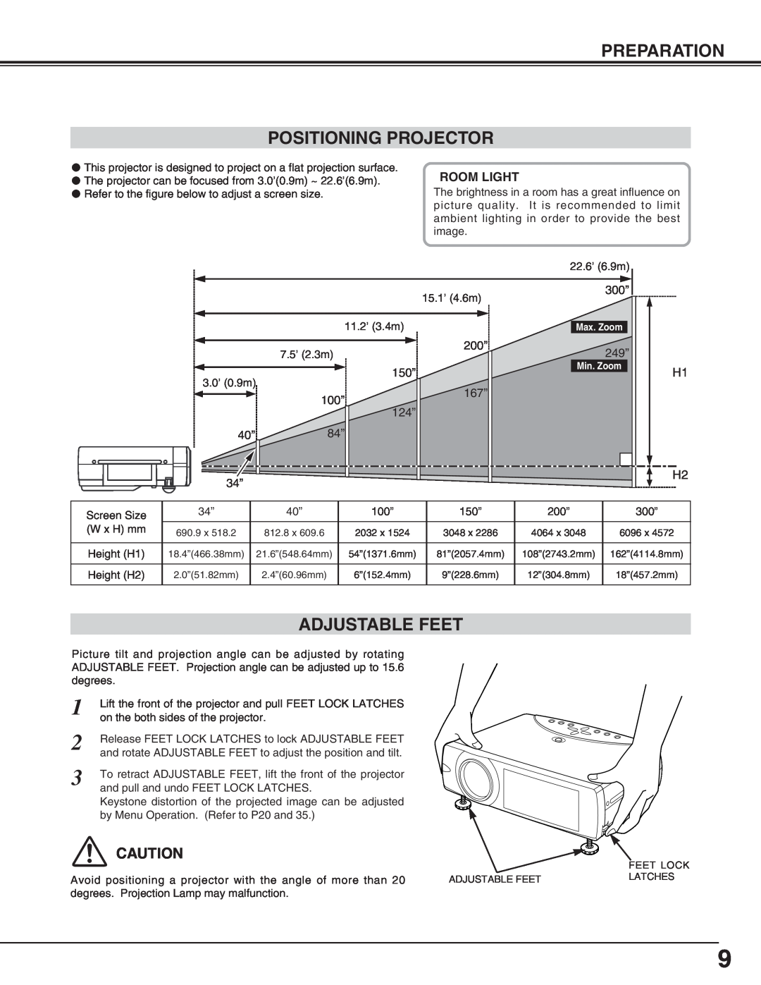 BOXLIGHT cp-16t manual Preparation Positioning Projector, Adjustable Feet, Room Light 
