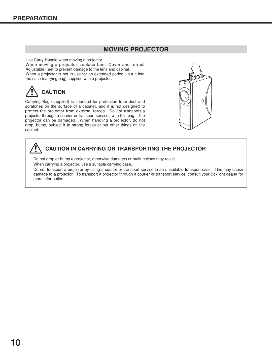 BOXLIGHT CP-18t manual Preparation Moving Projector 