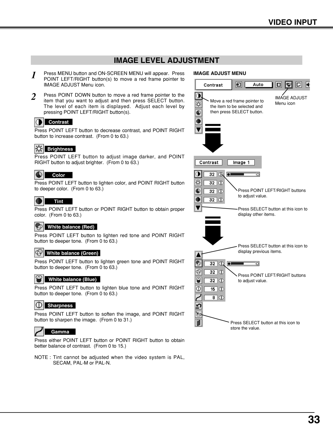 BOXLIGHT CP-18t manual Video Input Image Level Adjustment, Color, Tint, Sharpness 