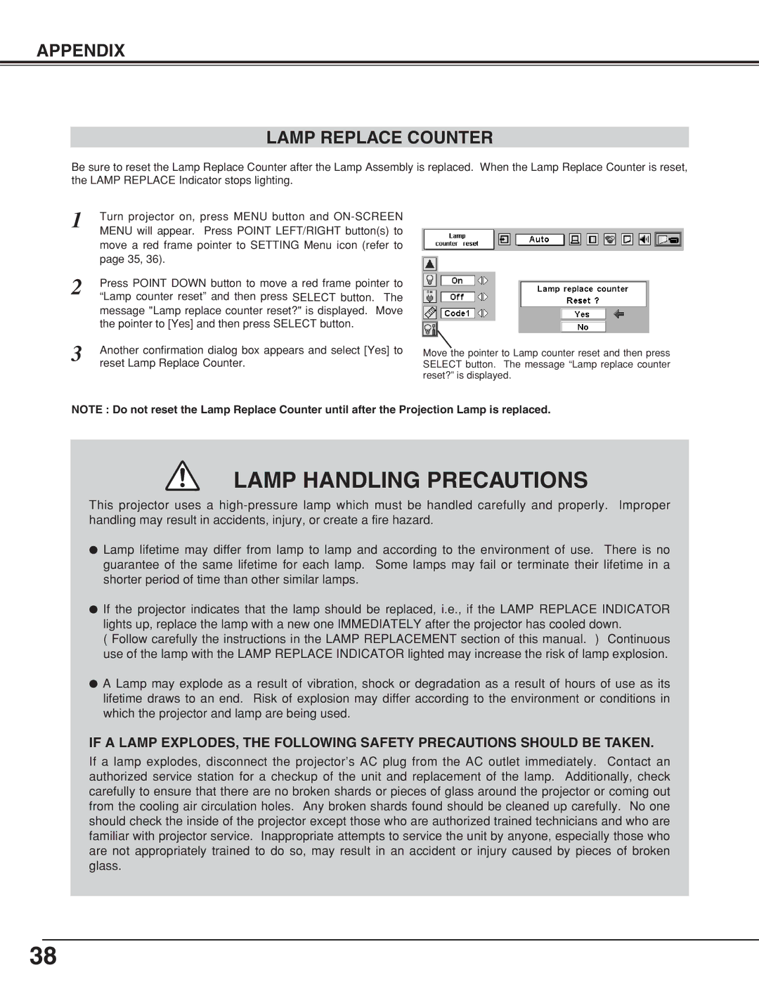 BOXLIGHT CP-18t manual Lamp Handling Precautions, Appendix Lamp Replace Counter 